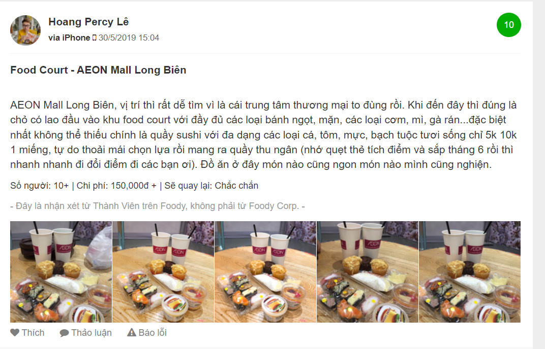 Đánh giá của tài khoản Hoang Percy Lê về các loại sushi của AEON trên trang Foody