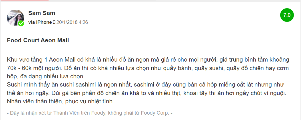 Đánh giá của tài khoản Sam Sam về khu Food Court của siêu thị AEON trên trang Foody